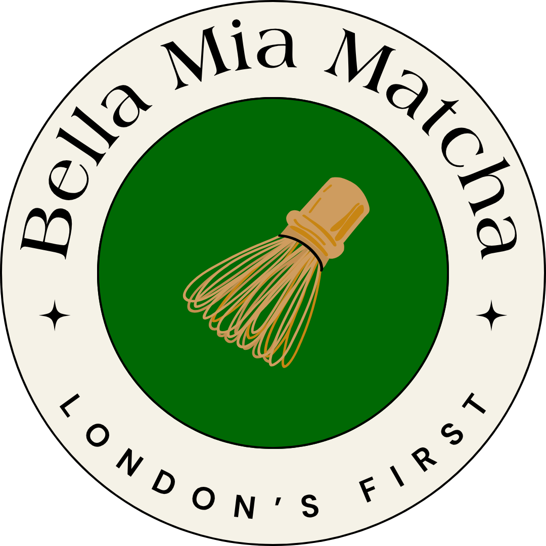 Bella Mia Matcha logo with a whisk illustration on a green background